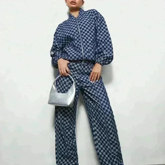 Blue Casual Women's Denim Checkboard Bomber Zip Through Jacket - Picture 4 of 4